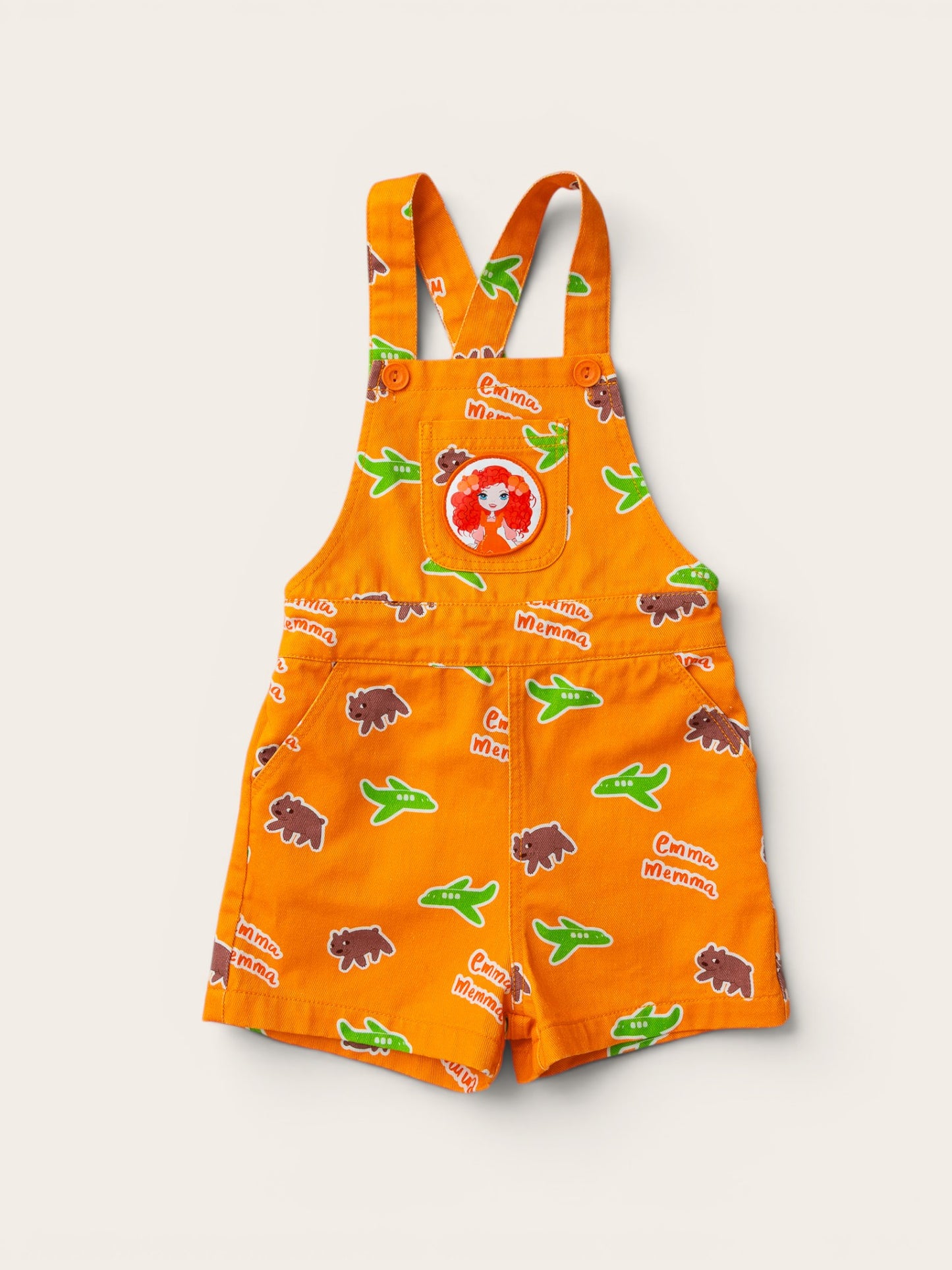 Emma Memma kids overalls in orange print – adventure-ready for toddlers, sizes 2–6