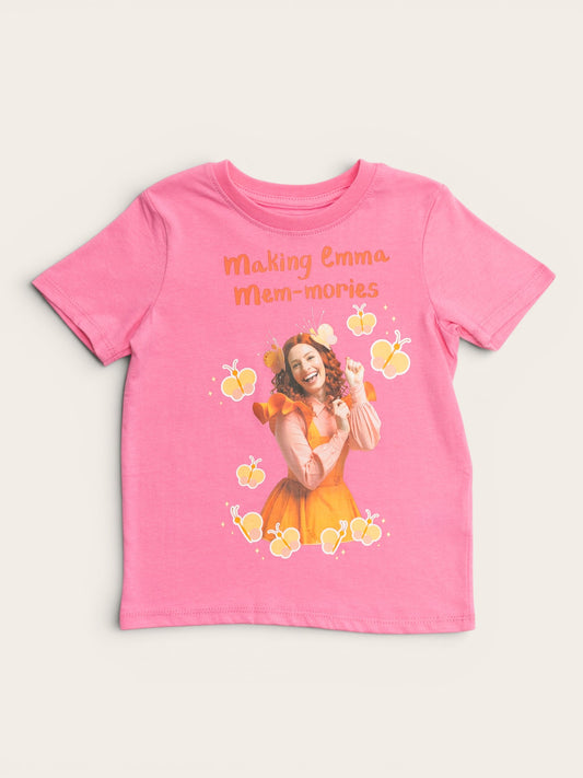 Emma Memma pink Making Mem-mories kids t-shirt – dance and sign design, sizes 2–6
