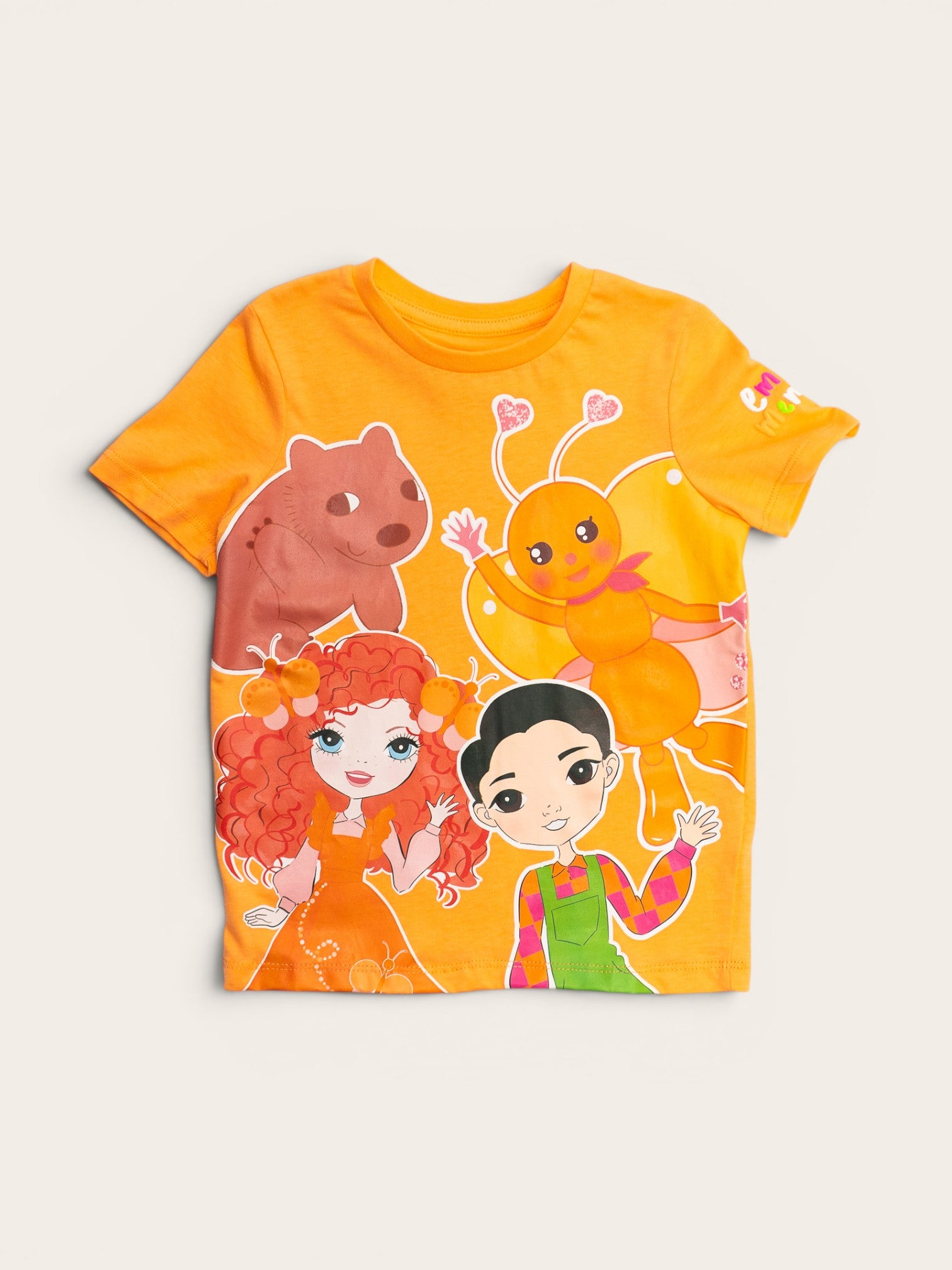Emma Memma characters kids t-shirt featuring Emma, Elvin, BB Butterfly and Waffles, sizes 2–6