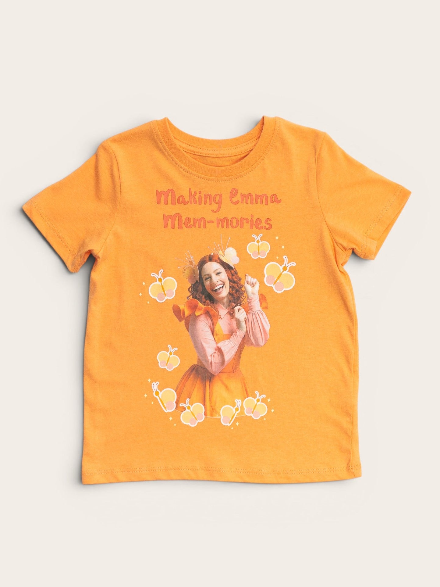 Emma Memma orange Making Mem-mories kids t-shirt – bright orange design, sizes 2–6