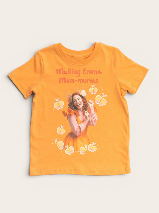 Emma Memma orange Making Mem-mories kids t-shirt – bright orange design, sizes 2–6