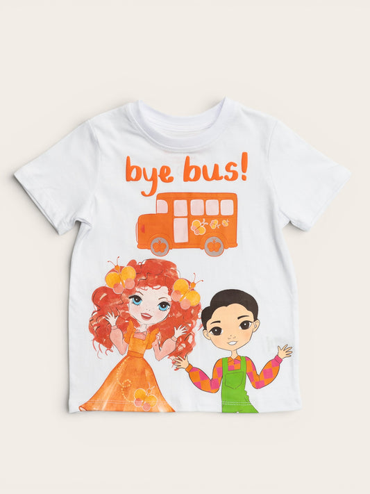 Emma Memma Bye Bus kids t-shirt – Elvin Melvin butterfly bus design, sizes 2–6
