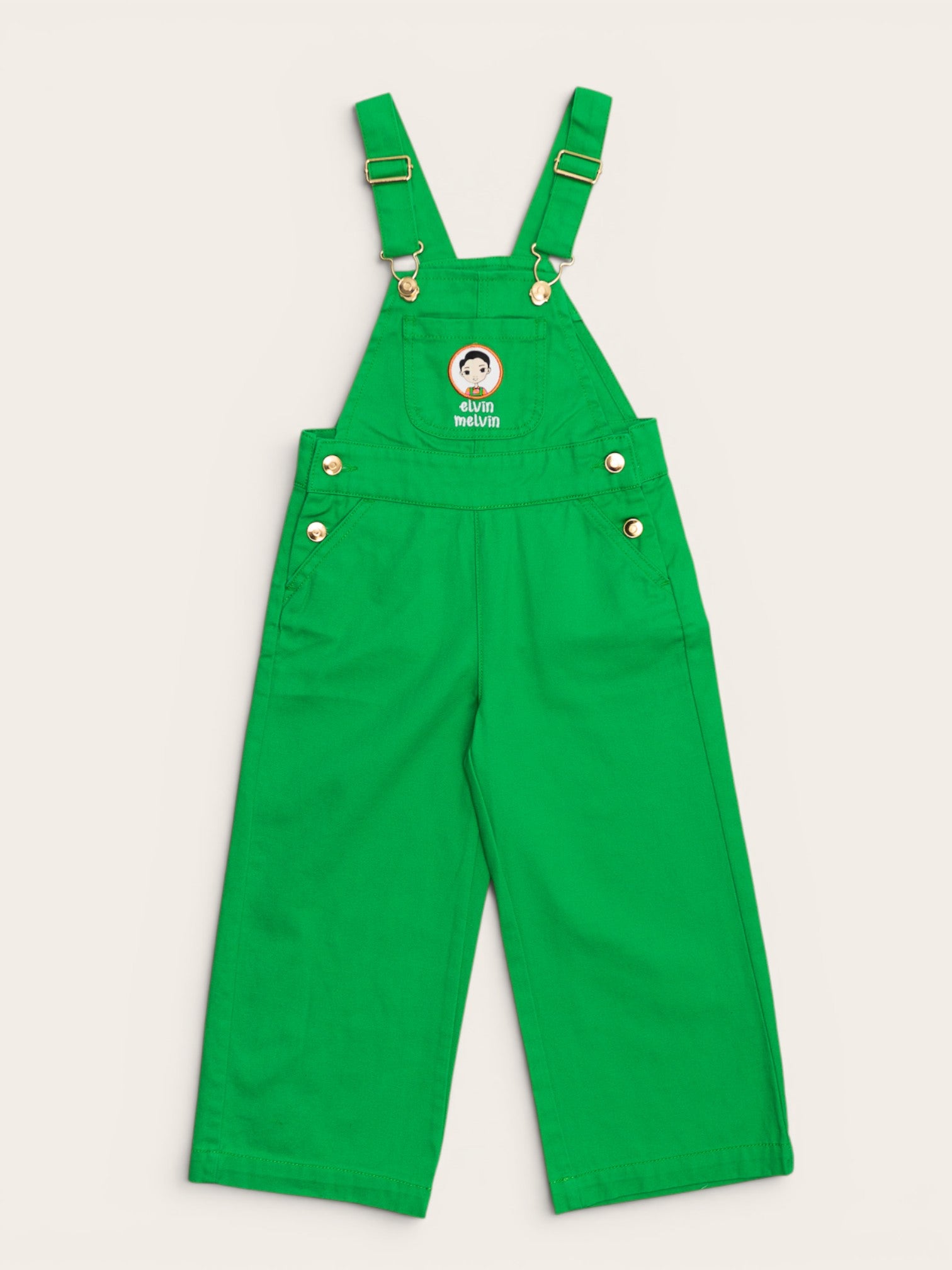 Elvin Melvin kids overalls – bright green design for dress-ups and everyday adventures, sizes 2–6