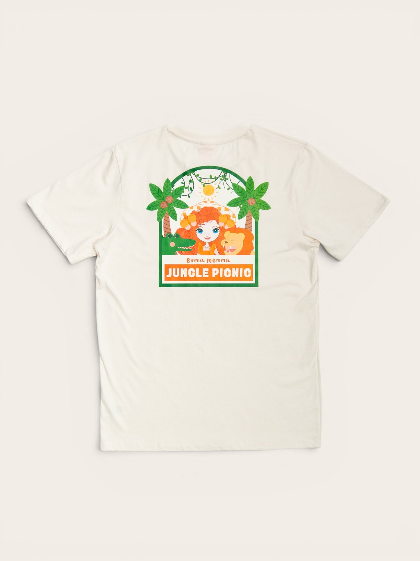 Adult wearing Emma Memma Jungle Picnic t-shirt front view