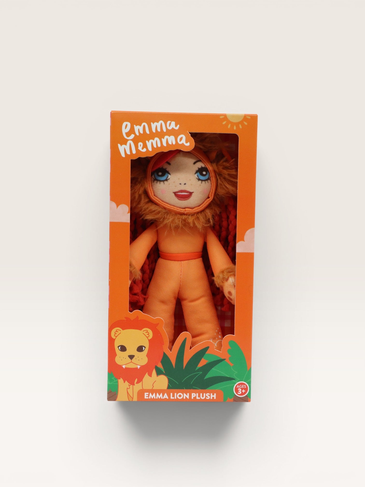 Emma Memma Lion plush bag tag shown on a kids backpack
