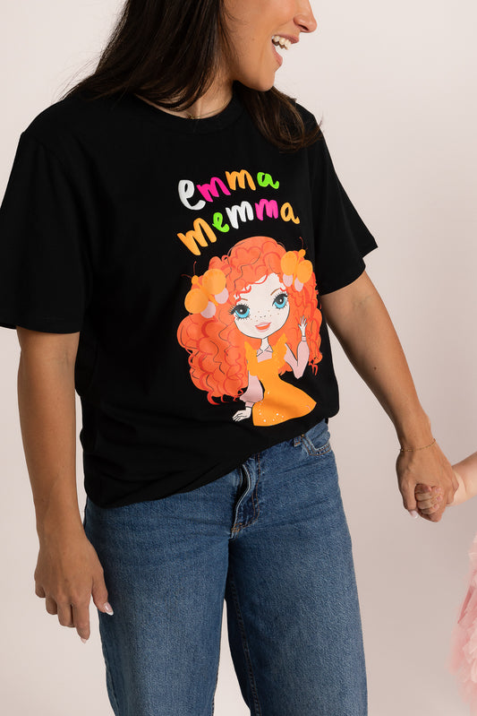 Adult wearing Emma Memma Memma Mates t-shirt front view