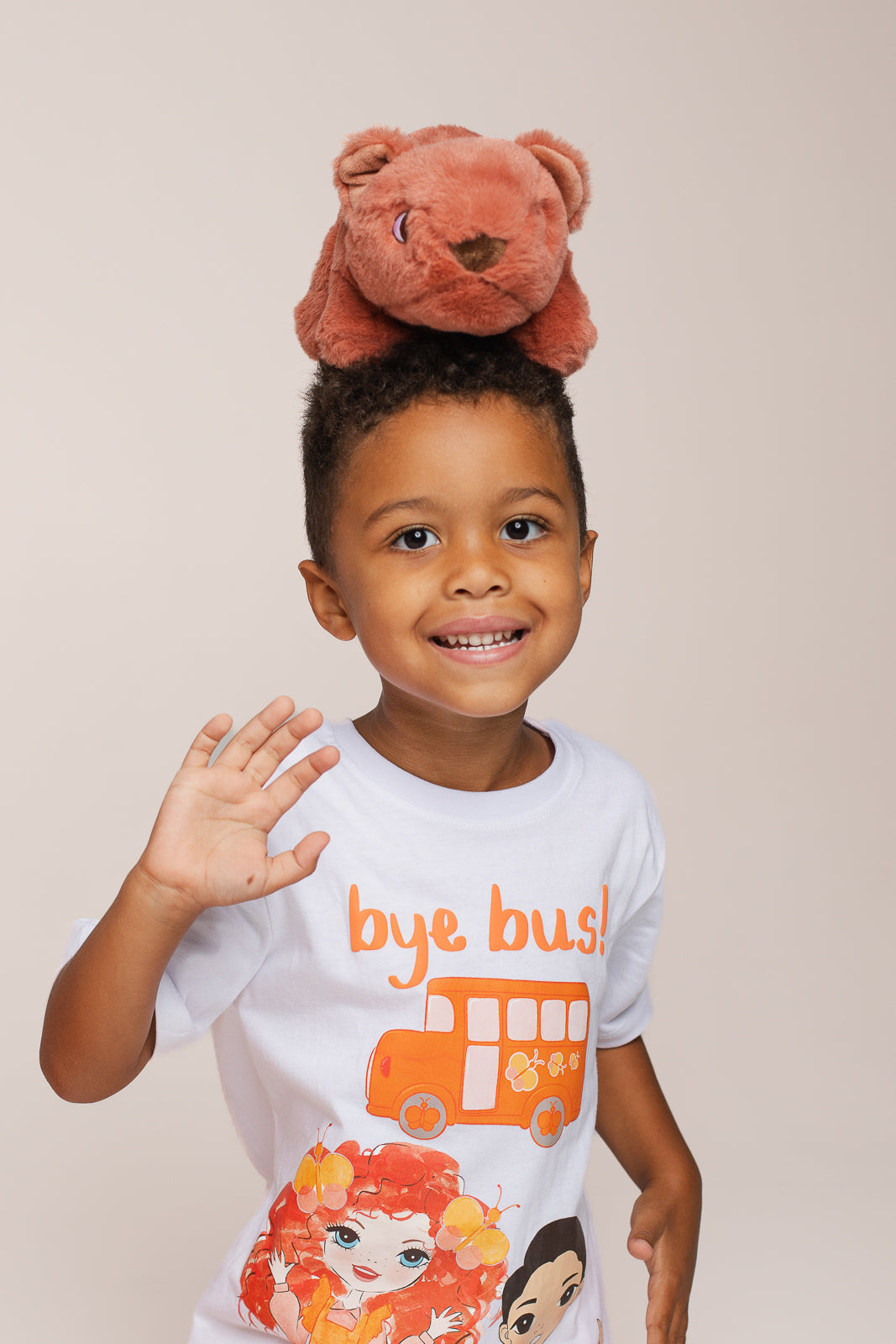 Child wearing Emma Memma Bye Bus t-shirt front view