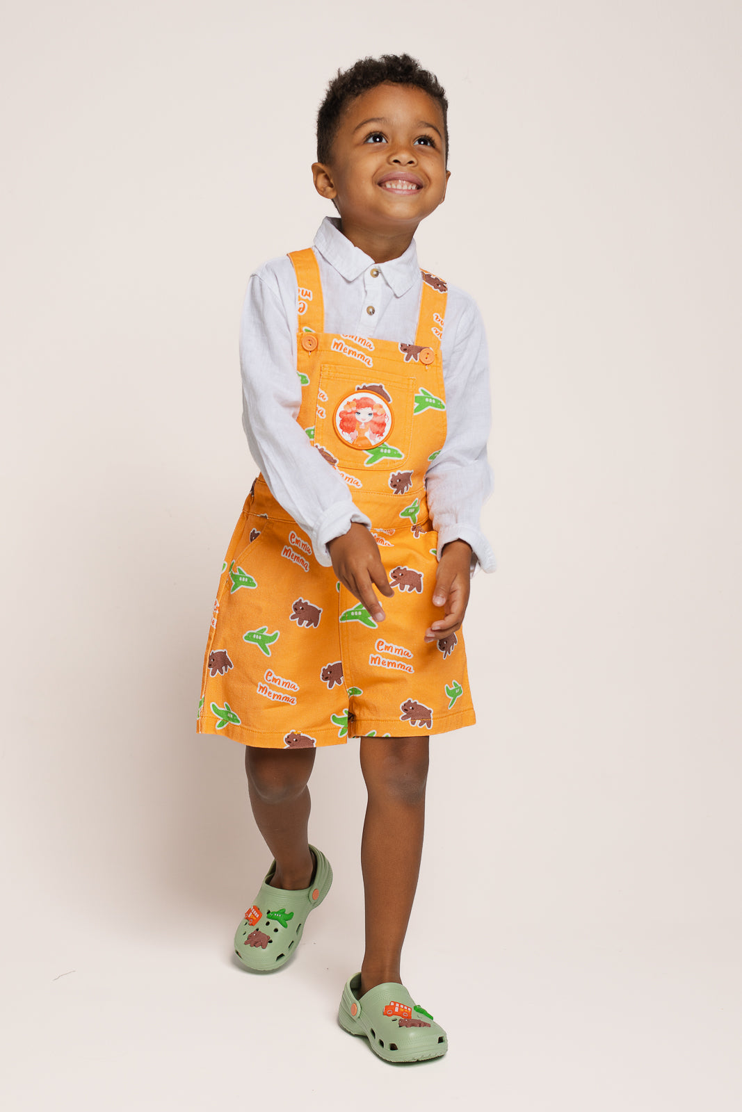 Emma Memma overalls laid flat showing full print detail