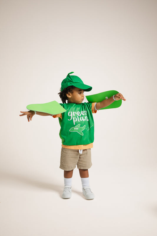 Child wearing Emma Memma Green Plane costume front view